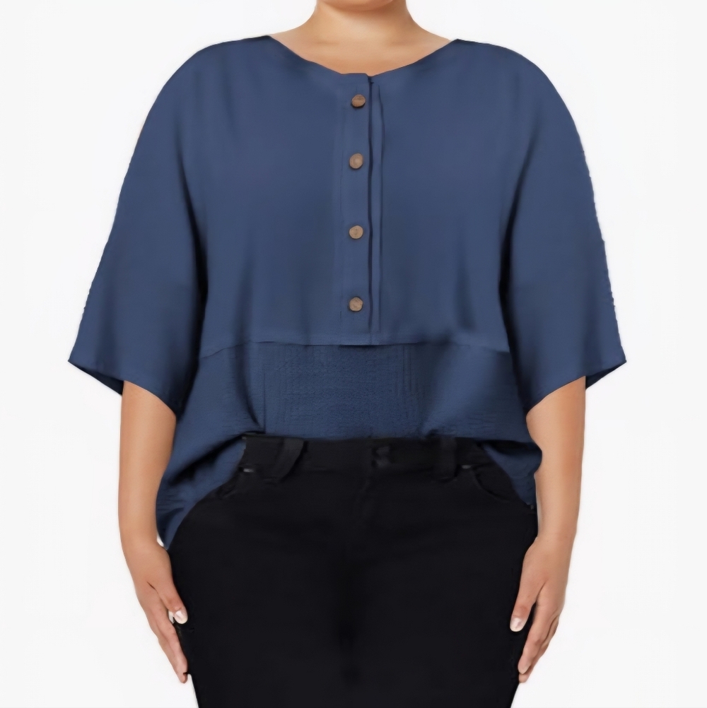 Dokotoo. Women's Navy Button-Up Waffle Bottomm Short Sleeve Top. 2X. NWT. - Picture 2 of 8